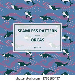Vector seamless pattern with orcas on waves
