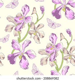 Vector seamless pattern with orchids and butterflies