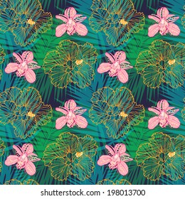 vector seamless pattern with orchids and hibiscuses