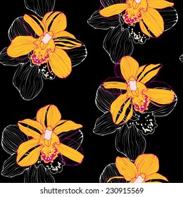 vector seamless pattern with orchids on black background