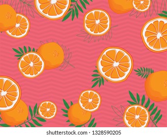 Vector seamless pattern with organge, branches. Fruit repeated background. Colorful endless print for fabric or paper. - Images vectorielles
