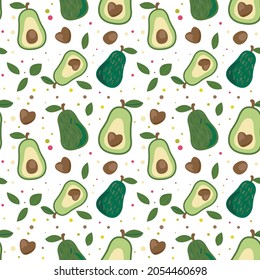 Vector seamless pattern. Organic fresh avocado. Vector illustration. Half avocado with heart. Lovely vegetarian pattern.