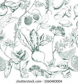 Vector seamless pattern with organic healthy vegetables, berries, herbs and spices/ Hand drawn food illustration in sketch style for print, fabric, textile, paper, wrapping and other botanical design