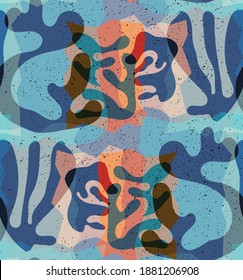 Vector seamless pattern of organic Matisse shapes. Natural earthy colors floral underwater life. Abstract seaweed camouflage background. Trendy floating wavy geometry. Random layered hand drawn art.