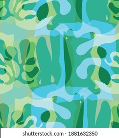 Vector seamless pattern of organic Matisse shapes. Natural earthy colors floral underwater life. Abstract seaweed camouflage background. Trendy floating wavy geometry. Random layered hand drawn art.