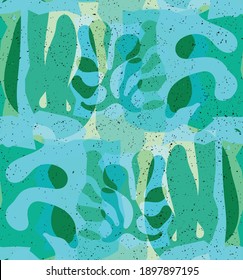 Vector seamless pattern of organic Matisse shapes. Natural earthy colors floral underwater life. Abstract seaweed camouflage background. Trendy floating wavy geometry. Random layered hand drawn art.