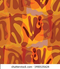 Vector seamless pattern of organic Matisse shapes. Natural earthy colors floral underwater life. Abstract seaweed camouflage background. Trendy floating wavy geometry. Random layered hand drawn art.
