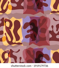 Patrón vectorial sin fisuras de formas orgánicas Matisse. Colores naturales de tierra floral vida submarina. Resumen del fondo del camuflaje de algas. Geometría ondulada flotante de moda. Arte dibujado a mano en capas aleatorias.
