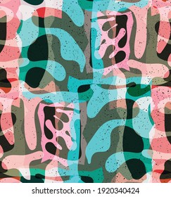 Vector seamless pattern of organic Matisse shapes. Natural earthy colors floral underwater life. Abstract seaweed camouflage background. Trendy floating wavy geometry. Random layered hand drawn art.