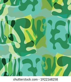 Vector seamless pattern of organic Matisse shapes. Natural earthy colors floral underwater life. Abstract seaweed camouflage background. Trendy floating wavy geometry. Random layered hand drawn art.