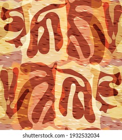 Vector seamless pattern of organic Matisse shapes. Natural earthy colors floral underwater life. Abstract seaweed camouflage background. Trendy floating wavy geometry. Random layered hand drawn art.