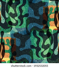 Vector seamless pattern of organic Matisse shapes. Natural earthy colors floral underwater life. Abstract seaweed camouflage background. Trendy floating wavy geometry. Random layered hand drawn art.