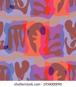 Vector seamless pattern of organic Matisse shapes. Natural earthy colors floral underwater life. Abstract seaweed camouflage background. Trendy floating wavy geometry. Random layered hand drawn art.