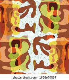 Vector seamless pattern of organic Matisse shapes. Natural earthy colors floral underwater life. Abstract seaweed camouflage background. Trendy floating wavy geometry. Random layered hand drawn art.