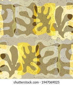 Vector seamless pattern of organic Matisse shapes. Natural earthy colors floral underwater life. Abstract seaweed camouflage background. Trendy floating wavy geometry. Random layered hand drawn art.