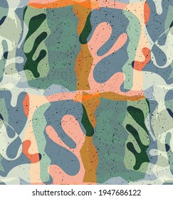 Vector seamless pattern of organic Matisse shapes. Natural earthy colors floral underwater life. Abstract seaweed camouflage background. Trendy floating wavy geometry. Random layered hand drawn art.
