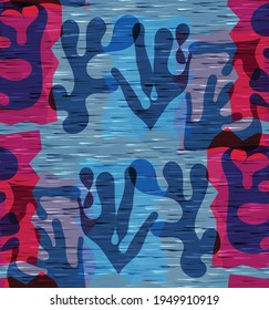 Vector seamless pattern of organic Matisse shapes. Natural earthy colors floral underwater life. Abstract seaweed camouflage background. Trendy floating wavy geometry. Random layered hand drawn art.