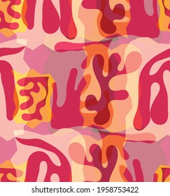 Vector seamless pattern of organic Matisse shapes. Natural earthy colors floral underwater life. Abstract seaweed camouflage background. Trendy floating wavy geometry. Random layered hand drawn art.