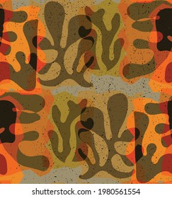 Vector seamless pattern of organic Matisse shapes. Natural earthy colors floral underwater life. Abstract seaweed camouflage background. Trendy floating wavy geometry. Random layered hand drawn art.