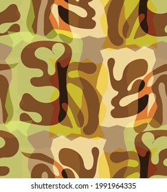 Vector seamless pattern of organic Matisse shapes. Natural earthy colors floral underwater life. Abstract seaweed camouflage background. Trendy floating wavy geometry. Random layered hand drawn art.