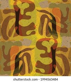 Vector seamless pattern of organic Matisse shapes. Natural earthy colors floral underwater life. Abstract seaweed camouflage background. Trendy floating wavy geometry. Random layered hand drawn art.