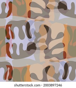 Vector seamless pattern of organic Matisse shapes. Natural earthy colors floral underwater life. Abstract seaweed camouflage background. Trendy floating wavy geometry. Random layered hand drawn art.