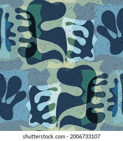 Vector seamless pattern of organic Matisse shapes. Natural earthy colors floral underwater life. Abstract seaweed camouflage background. Trendy floating wavy geometry. Random layered hand drawn art.