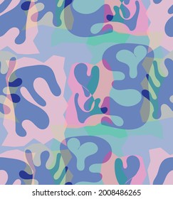 Vector seamless pattern of organic Matisse shapes. Natural earthy colors floral underwater life. Abstract seaweed camouflage background. Trendy floating wavy geometry. Random layered hand drawn art.