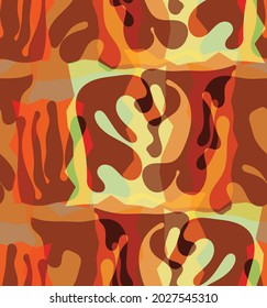 Vector seamless pattern of organic Matisse shapes. Natural earthy colors floral underwater life. Abstract seaweed camouflage background. Trendy floating wavy geometry. Random layered hand drawn art.