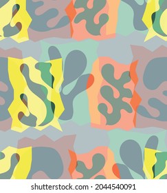 Vector seamless pattern of organic Matisse shapes. Natural earthy colors floral underwater life. Abstract seaweed camouflage background. Trendy floating wavy geometry. Random layered hand drawn art.
