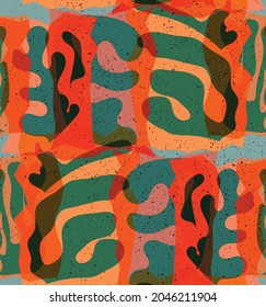 Patrón vectorial sin fisuras de formas orgánicas Matisse. Colores naturales de tierra floral vida submarina. Resumen del fondo del camuflaje de algas. Geometría ondulada flotante de moda. Arte dibujado a mano en capas aleatorias.