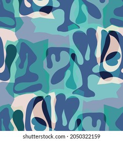Vector seamless pattern of organic Matisse shapes. Natural earthy colors floral underwater life. Abstract seaweed camouflage background. Trendy floating wavy geometry. Random layered hand drawn art.