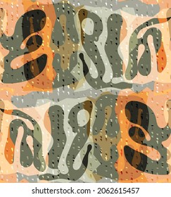 Vector seamless pattern of organic Matisse shapes. Natural earthy colors floral underwater life. Abstract seaweed camouflage background. Trendy floating wavy geometry. Random layered hand drawn art.