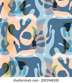 Vector seamless pattern of organic Matisse shapes. Natural earthy colors floral underwater life. Abstract seaweed camouflage background. Trendy floating wavy geometry. Random layered hand drawn art.