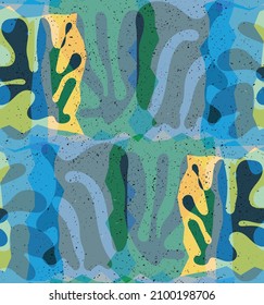 Vector seamless pattern of organic Matisse shapes. Natural earthy colors floral underwater life. Abstract seaweed camouflage background. Trendy floating wavy geometry. Random layered hand drawn art.