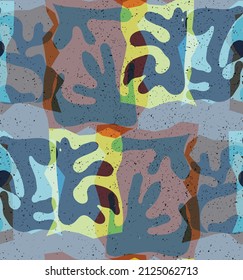 Vector seamless pattern of organic Matisse shapes. Natural earthy colors floral underwater life. Abstract seaweed camouflage background. Trendy floating wavy geometry. Random layered hand drawn art.