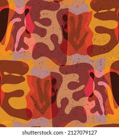Vector seamless pattern of organic Matisse shapes. Natural earthy colors floral underwater life. Abstract seaweed camouflage background. Trendy floating wavy geometry. Random layered hand drawn art.