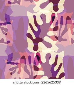 Vector seamless pattern of organic Matisse shapes. Natural earthy colors floral underwater life. Abstract seaweed camouflage background. Trendy floating wavy geometry. Random layered hand drawn art.
