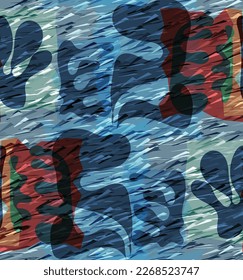 Vektornahtloses Muster organischer Masseformen. Natürliche Erdfarben Blumen unter Wasser Leben. Abstrakter Meeresalgen-Tarnhintergrund. Trendy schwebende Geometrie. Random geschichtete handgezeichnete Kunst.