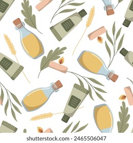 Vector seamless pattern with organic skincare products