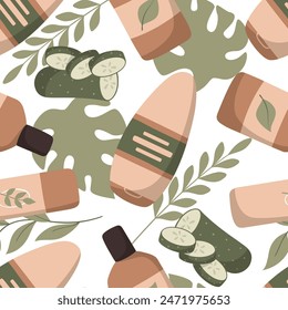 Vector seamless pattern with organic skincare products