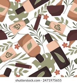 Vector seamless pattern with organic skincare products