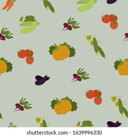 Vector seamless pattern with organic vegetables. Squash , cucumber, tomato, eggplant, pumpkin and carrot. Organic food background.