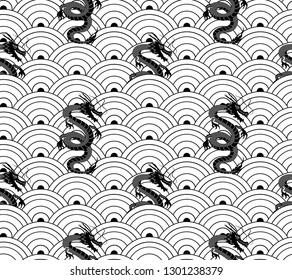 Vector Seamless Pattern, Oriental Circles with Dragons, Outline Black Geometric Background.