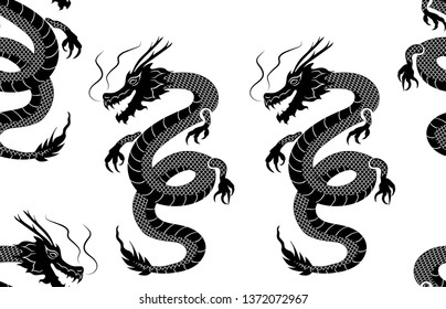 Vector Seamless Pattern, Oriental Dragons, Black and White Background, Traditional Ornament.