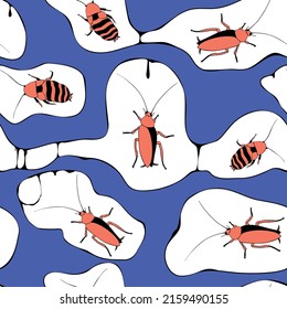 Vector seamless pattern from oriental and madagascar cockroaches, beetles, insects. Pest control background and texture