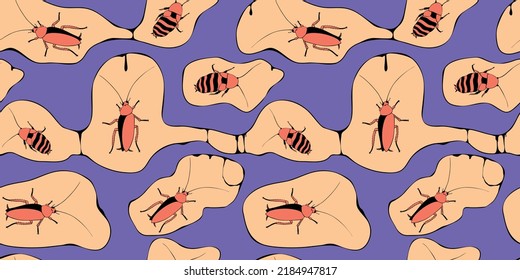 Vector seamless pattern from oriental and madagascar cockroaches, beetles, insects. Pest control background and texture