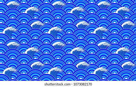 Vector Seamless Pattern: Oriental Ornament, Hand Drawn Waves and Blue Circle Endless Background.