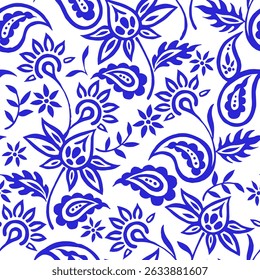 Vector seamless pattern with oriental paisley pattern in blue