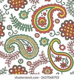 vector seamless pattern with oriental paisley pattern in bright red and yellow tones